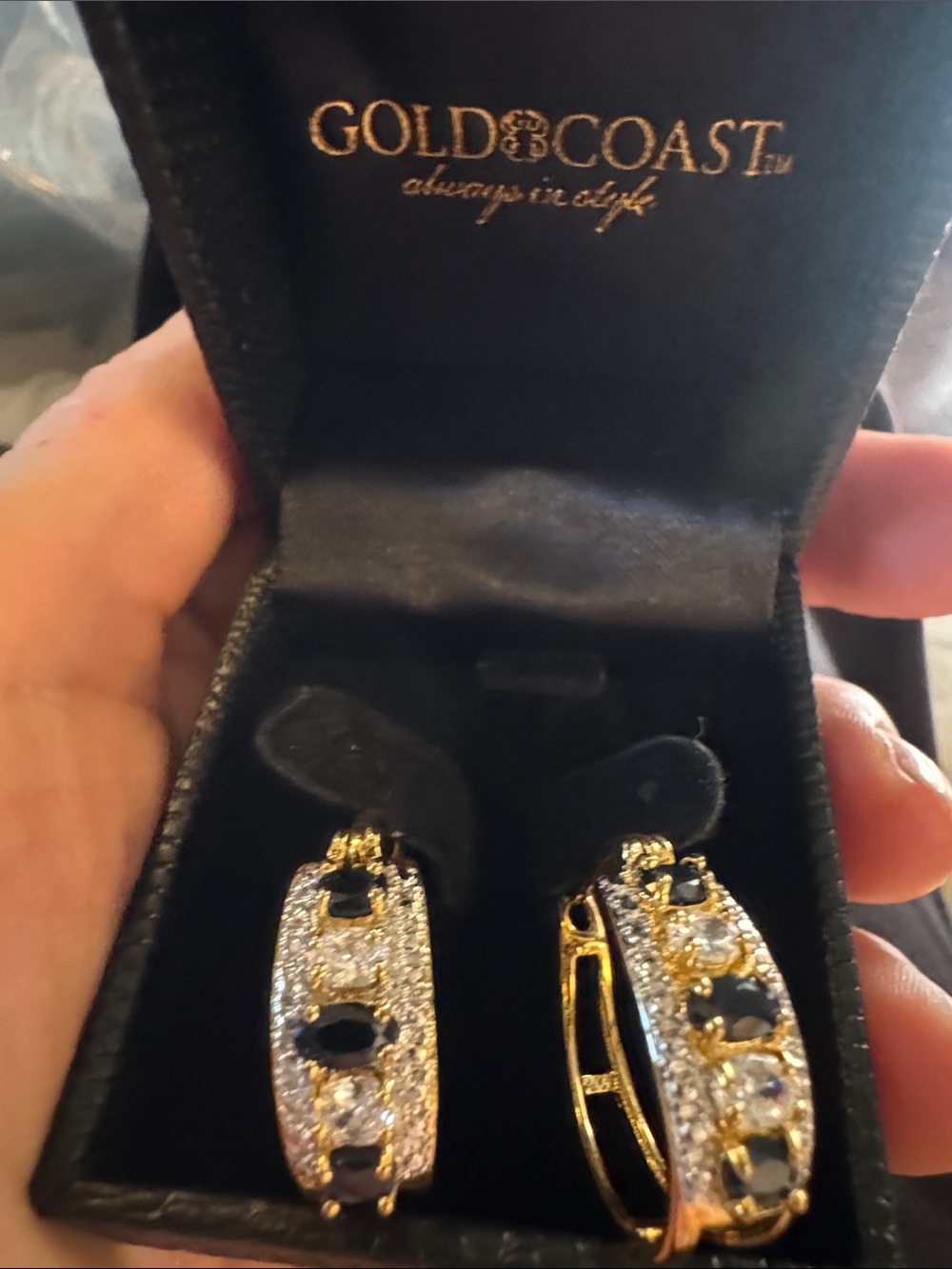 Gold Coast Gold-Tone Black and Clear Stone Hoop Earrings